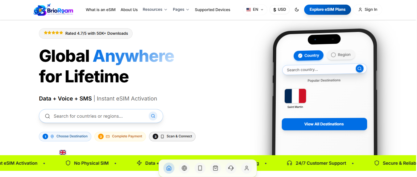 Brio Roam website home page showing the eSIM destination search
