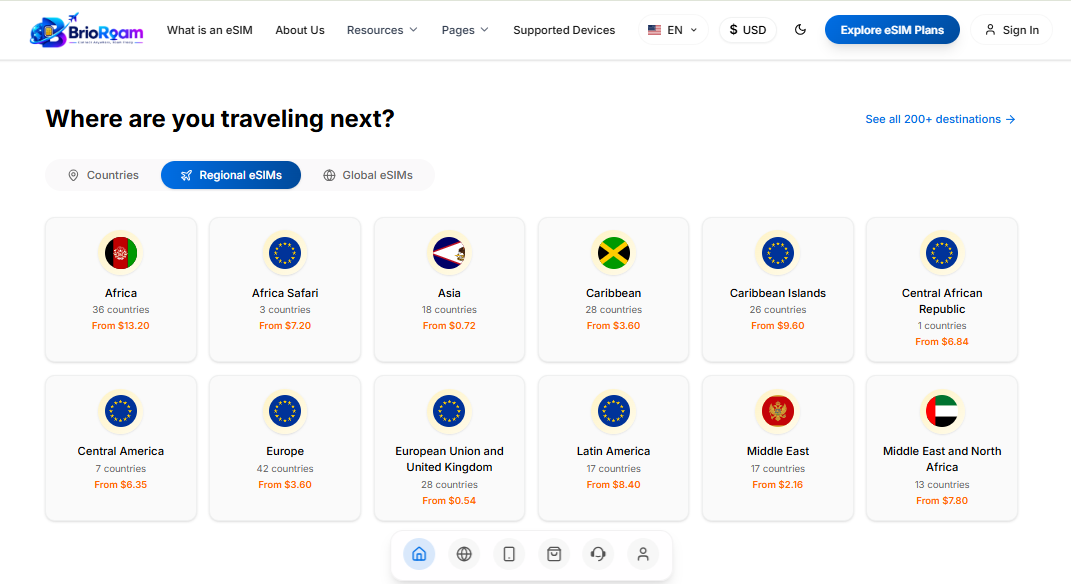 Brio Roam website showing regional eSIM plans by destination